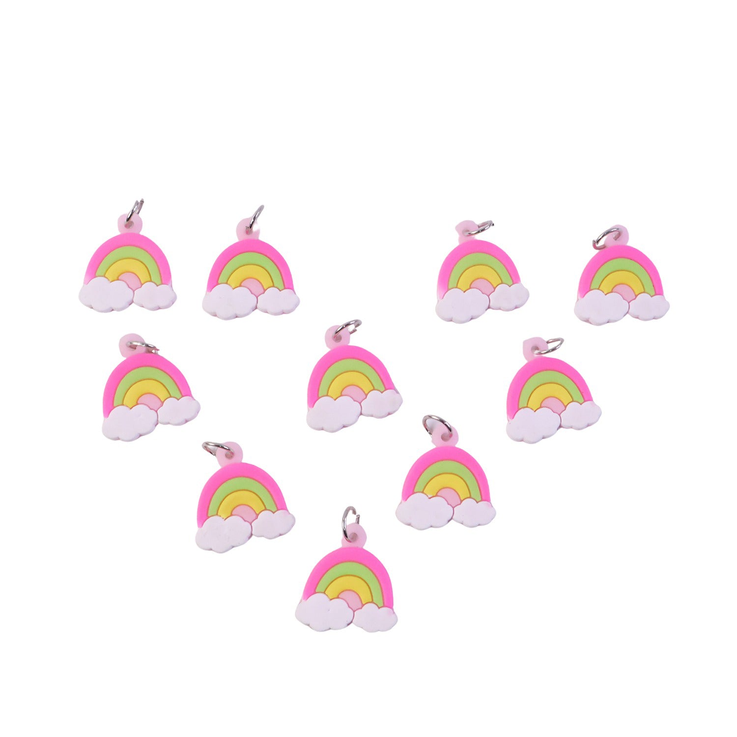 Set of four colorful rainbow cloud bag charm keychains by Wukusy, featuring cute cloud and rainbow designs for backpacks or keys.
