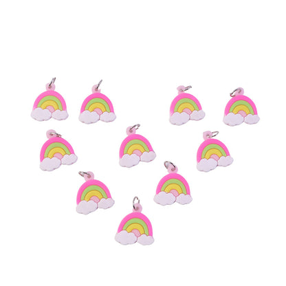 Set of four colorful rainbow cloud bag charm keychains by Wukusy, featuring cute cloud and rainbow designs for backpacks or keys.