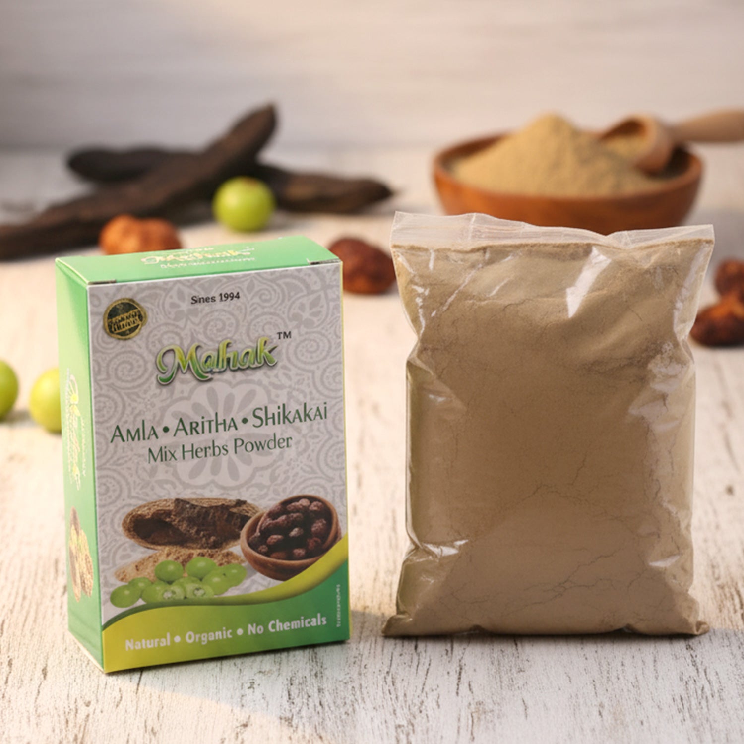 Wukusy traditional mixed herbs powder in an 80g package, showcasing a blend of dried herbs and spices in a clear jar