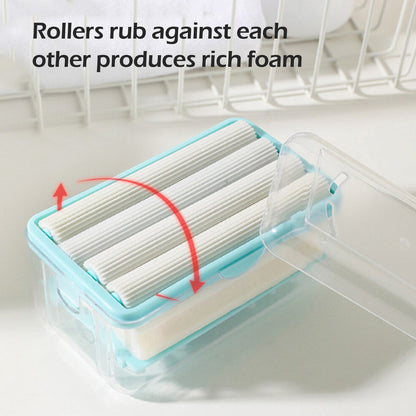 Wukusy 6296 2-in-1 portable soap dish with roller, drain holes, and foam soap holder for home, kitchen, and bathroom use.