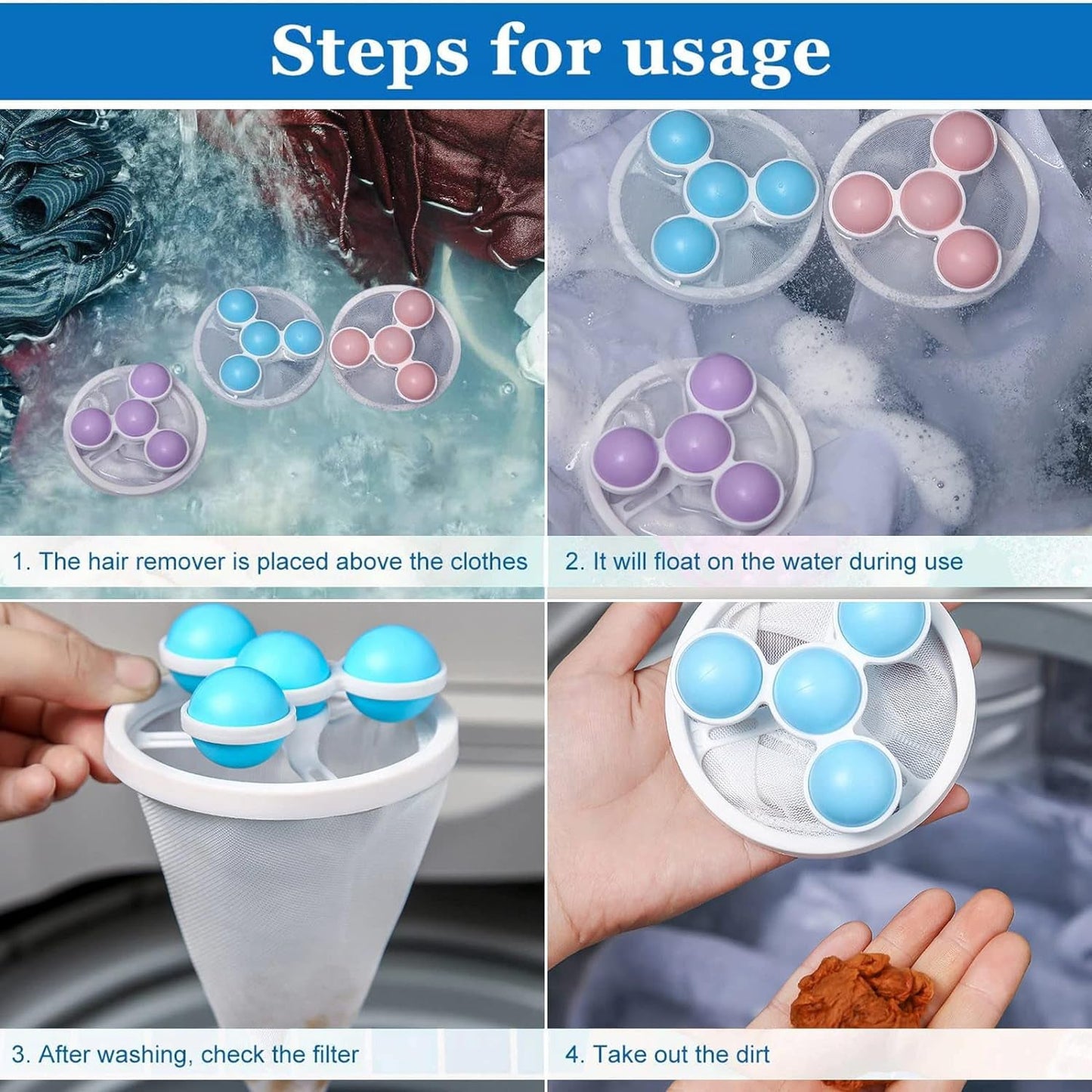 Wukusy laundry ball floating pet fur lint hair catcher in mesh bag, reusable washing machine lint and hair removal net pouch.