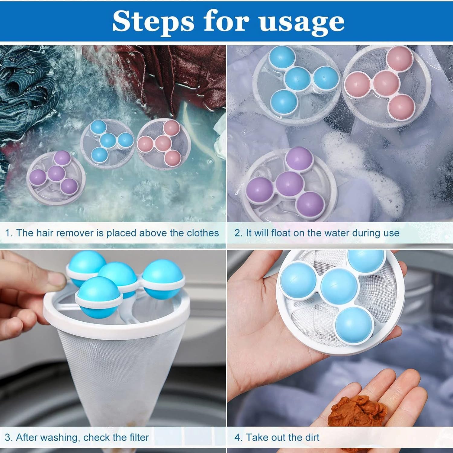 Wukusy laundry ball floating pet fur lint hair catcher in mesh bag, reusable washing machine lint and hair removal net pouch.