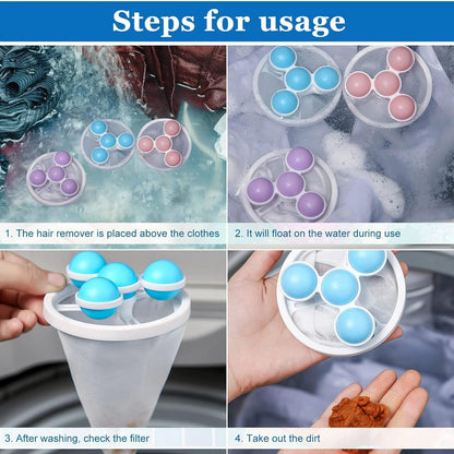 Wukusy laundry ball floating pet fur lint hair catcher in mesh bag, reusable washing machine lint and hair removal net pouch.
