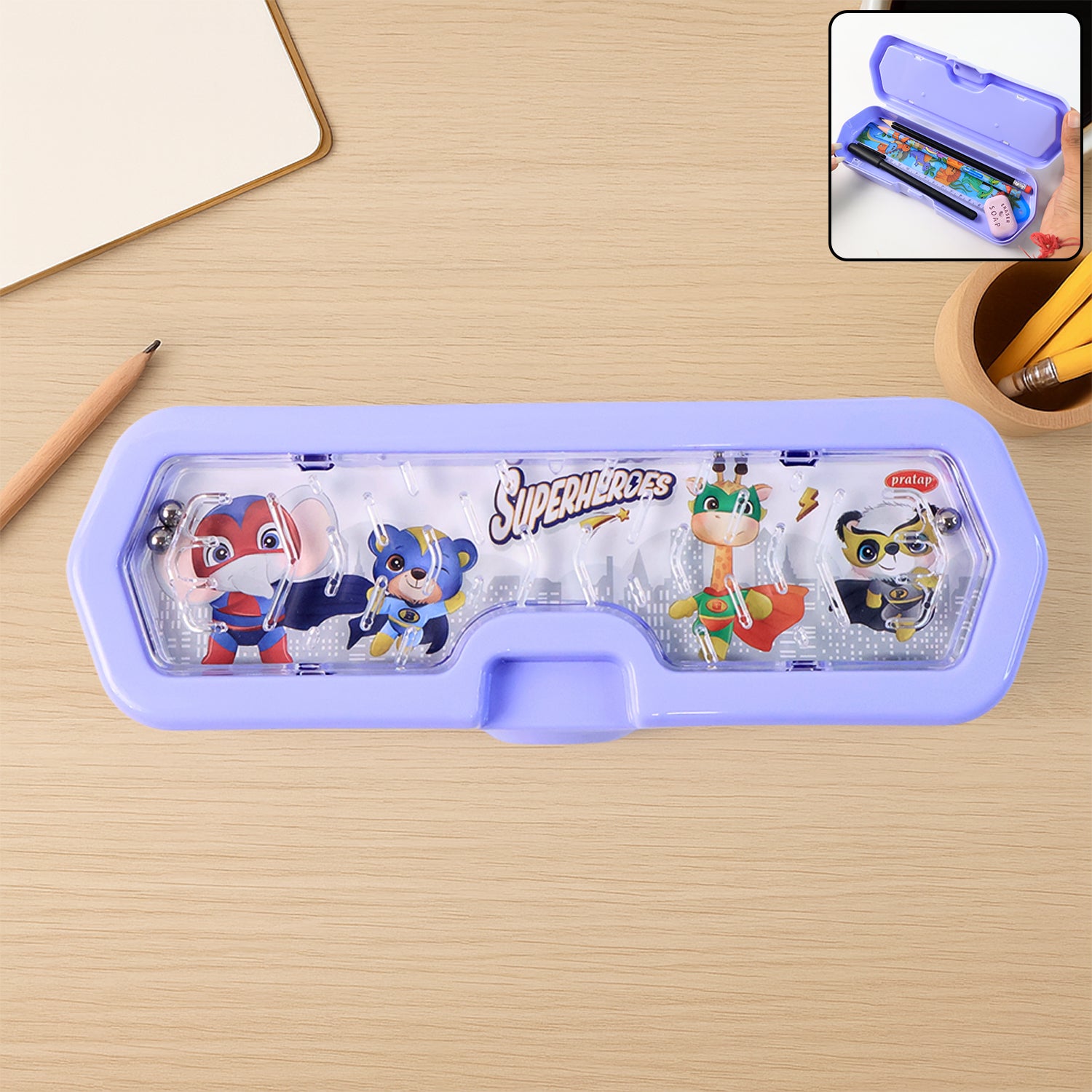Wukusy cartoon character plastic pencil box with built-in maze puzzle game, office supplies organizer for kids and students.
