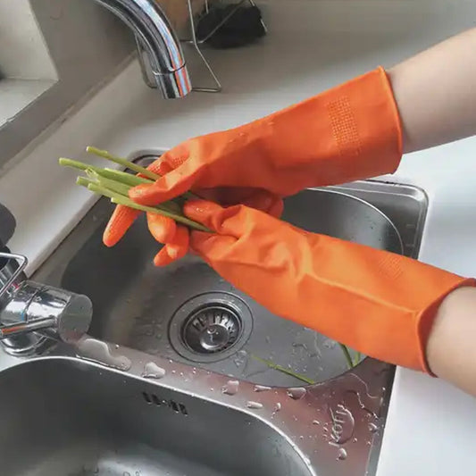 Orange reusable rubber cleaning gloves by Wukusy, for washing, gardening, and sanitation, designed for wet and dry use.