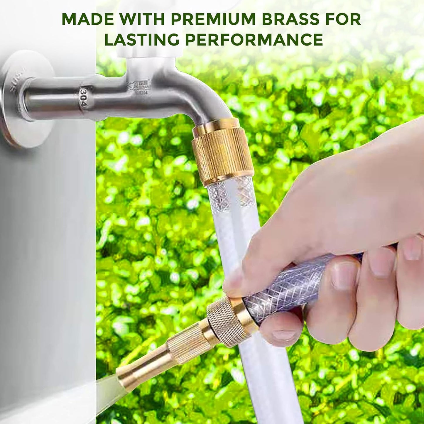 Heavy duty brass garden hose spray nozzle by Wukusy with adjustable spray settings on a garden hose.