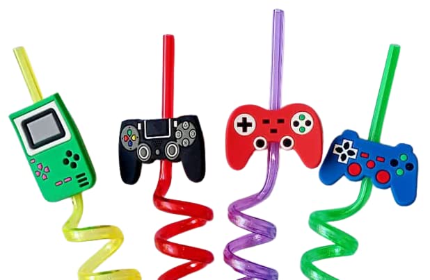 Wukusy reusable plastic straws with colorful cartoon decorations for kids' summer parties and birthday celebrations, 4-pack.