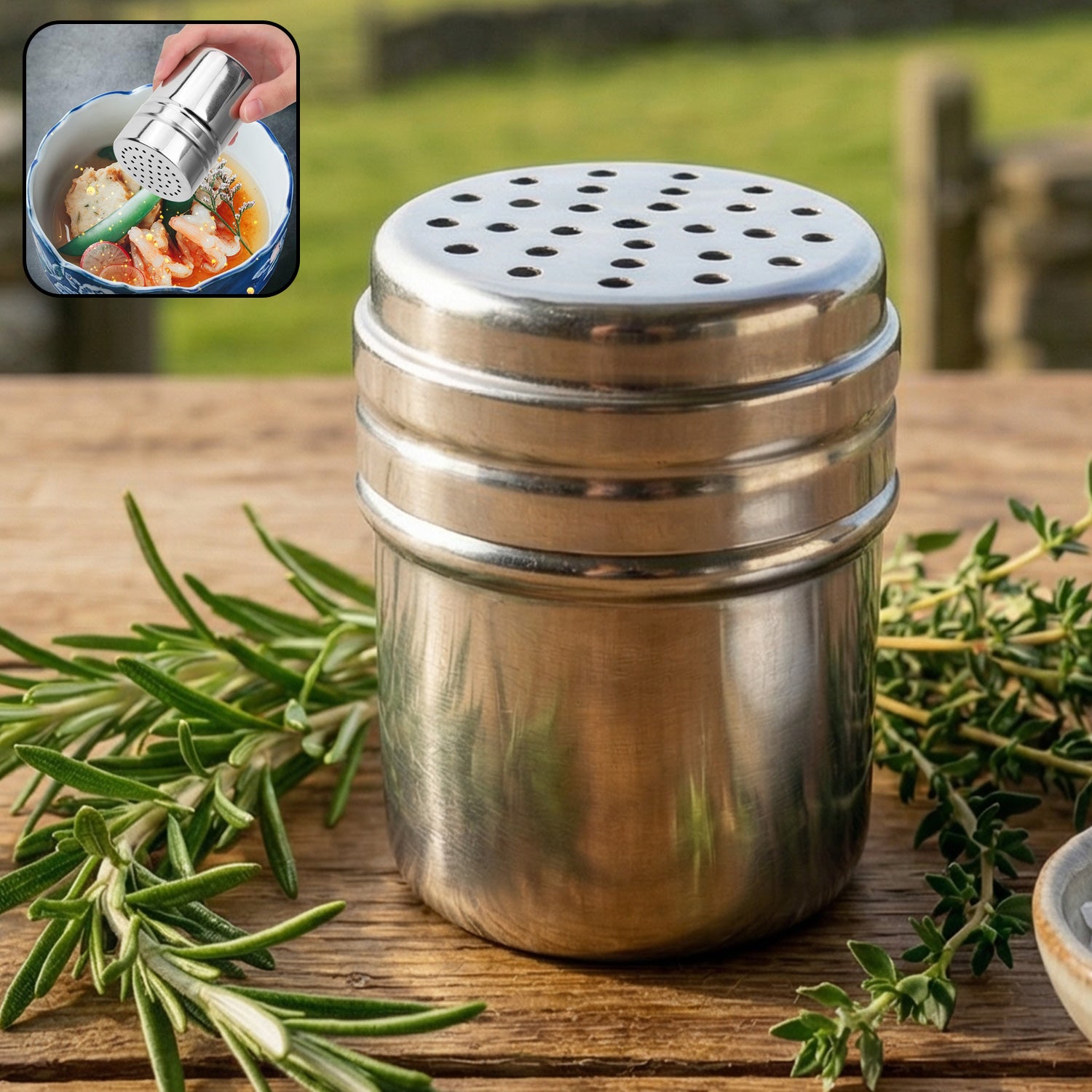 Stainless steel spice shaker container by Wukusy, featuring a sleek design with multiple compartments for storing spices.