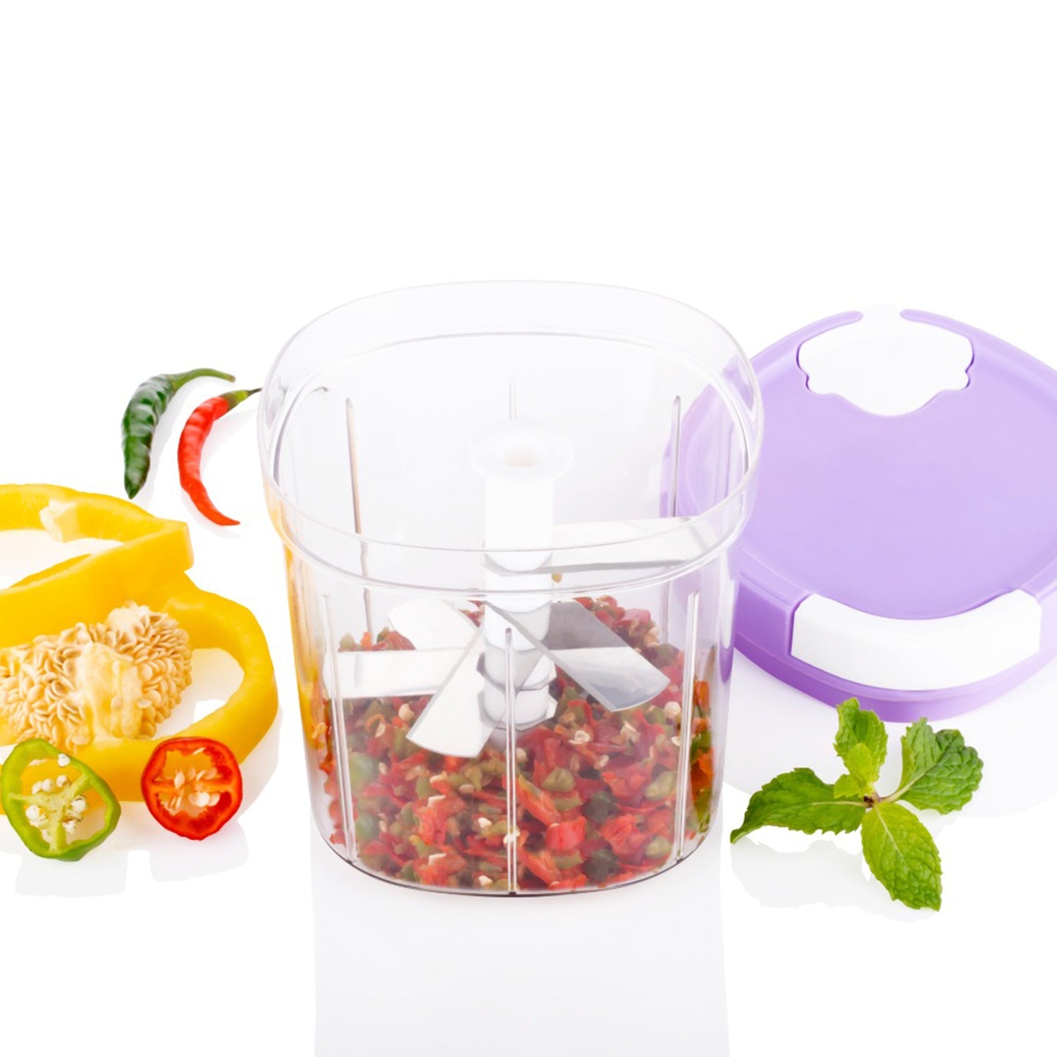 Wukusy 2-in-1 Handy Chopper and Slicer for fruits, vegetables, cheese, and kitchen use, showing blades and compact design