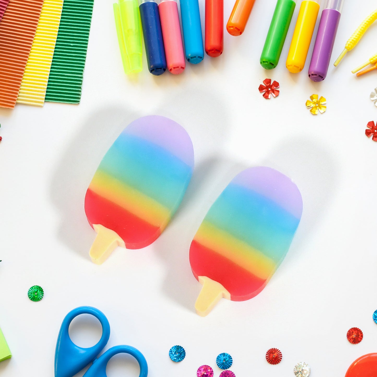 Wukusy Jelly Popsicle Shape Fancy Erasers set featuring two colorful, cute, and creative mini erasers for children and school use