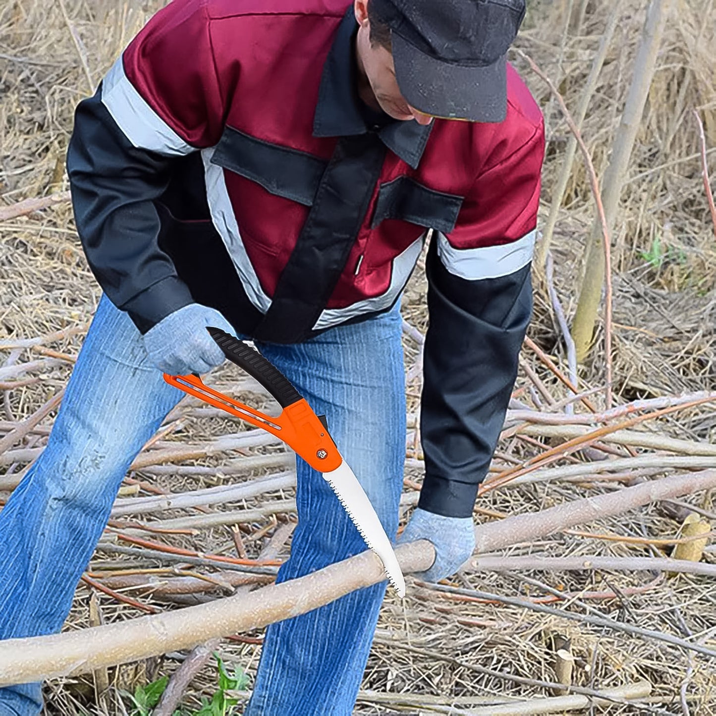 Wukusy 15-inch mini pruning folding saw for gardening, with a compact blade and ergonomic handle for trimming and pruning tasks.