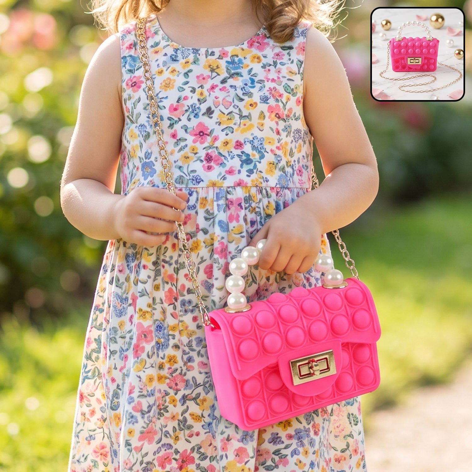 Kids Pop It fidget purse with silicone sling bag and pearl handle, colorful sensory toy for children by Wukusy.