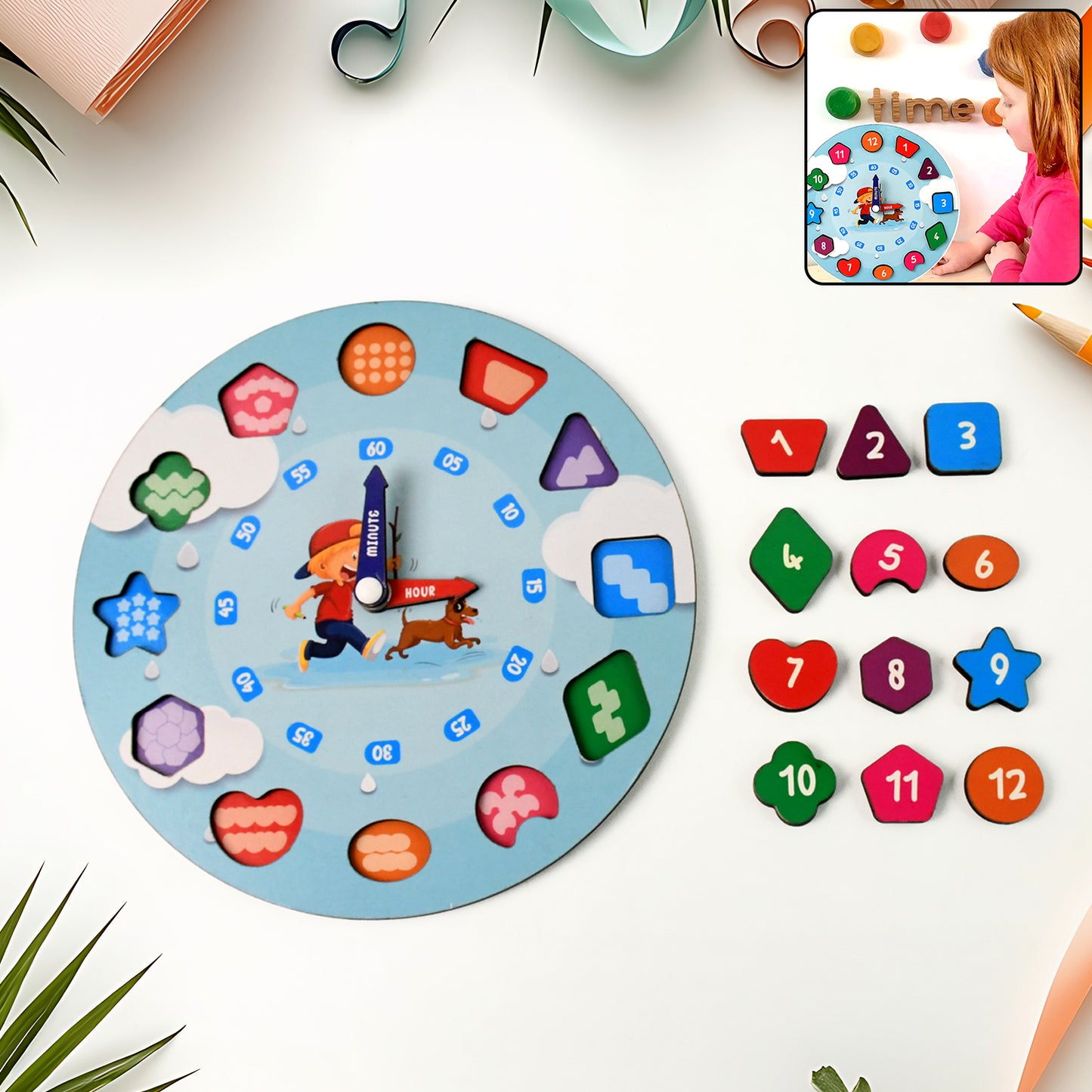 Wukusy Aditi Wooden Educational Learning Clock toy with movable hands, featuring colorful numbers and a classic wooden design.