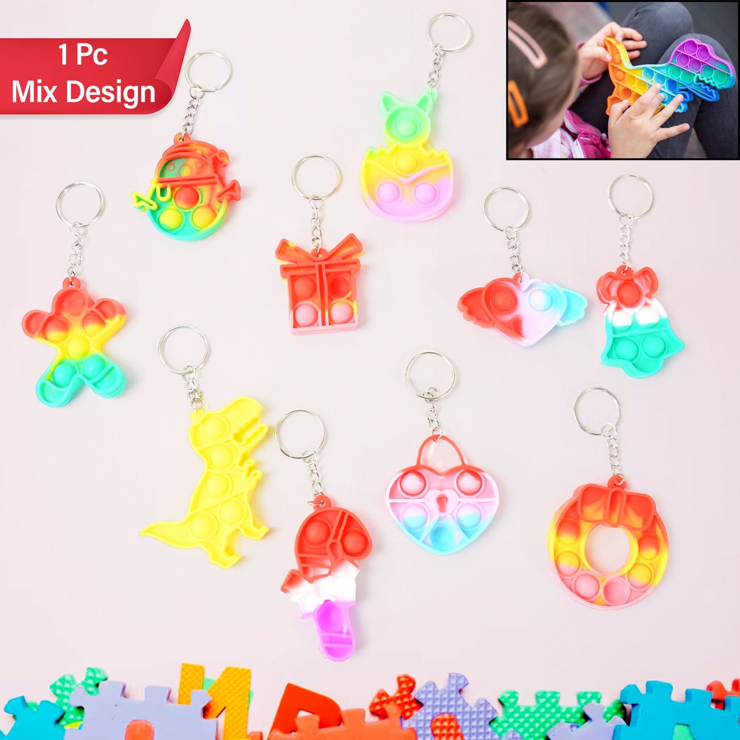 Wukusy Compact Silicone Pop It keychain toy with mixed bubble designs, portable stress relief fidget toy for kids.
