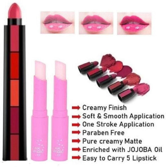 Drpshippr 5-in-1 lipstick pack with random color and two magic lip balms, featuring colorful packaging and various lip products.