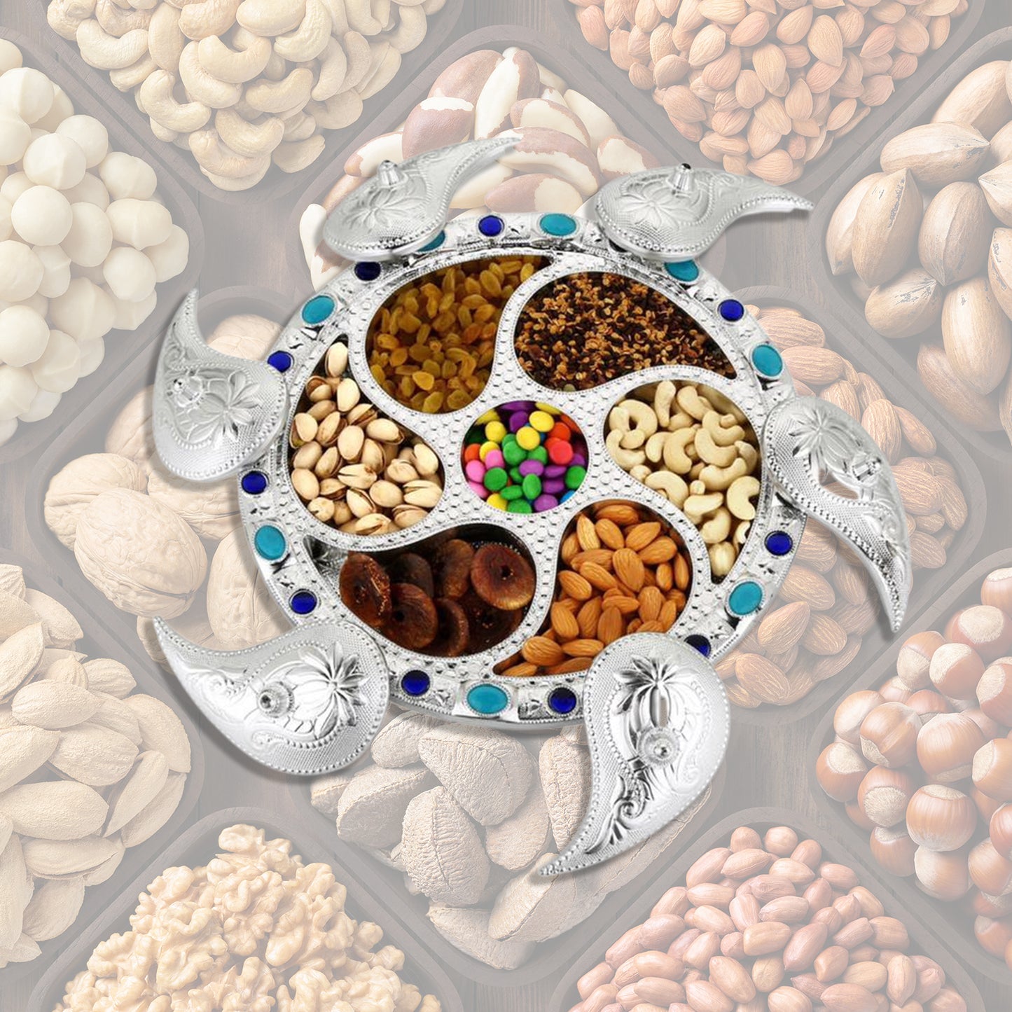 Wukusy 2075 multipurpose rotating dry fruit and snack serving tray with 7 compartments for kitchen storage and display.