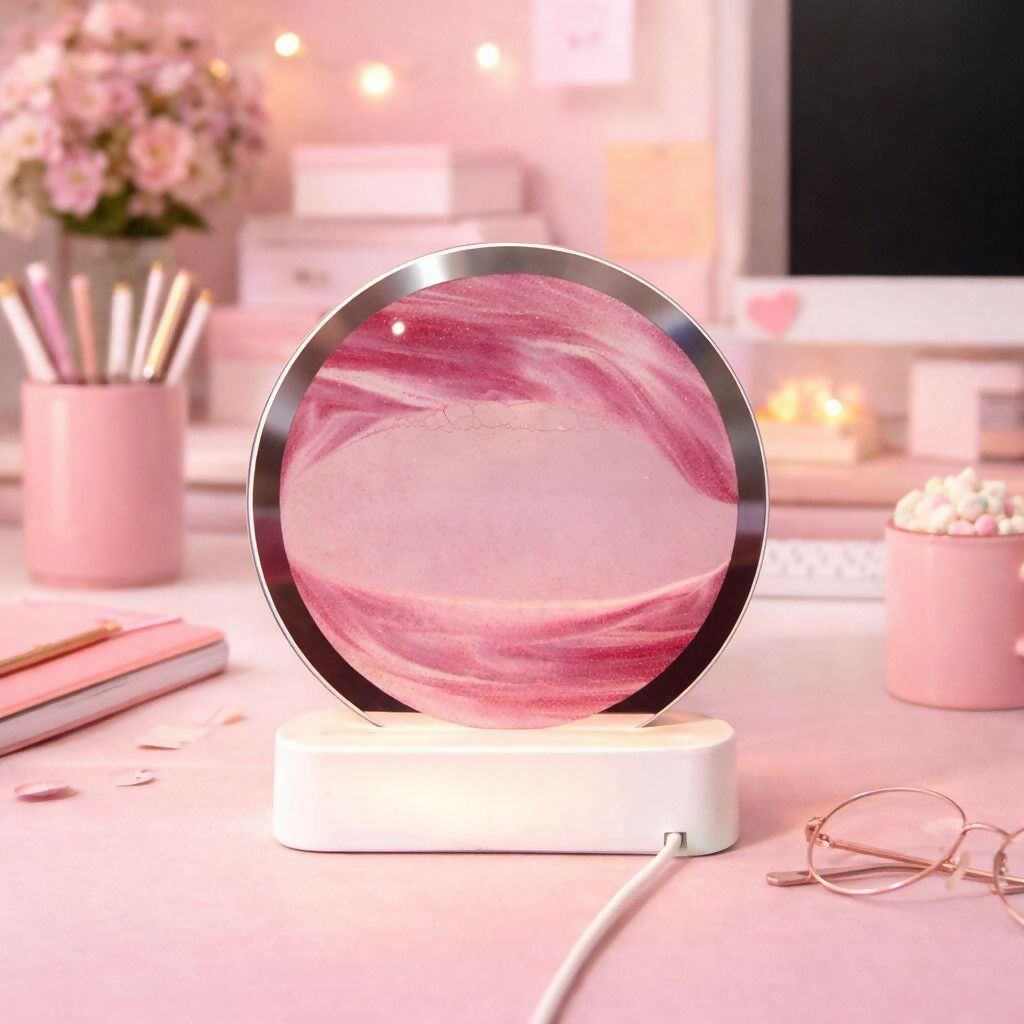 Wukusy round sand art LED table lamp with colorful swirling sand, decorative night light for ambient home lighting.