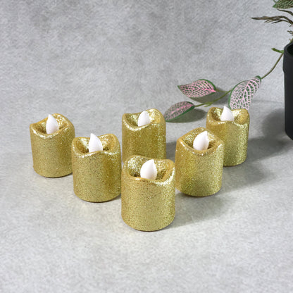 Set of six Wukusy Christmas premium glitter LED tealight candles, festive home decor with sparkling glitter finish.