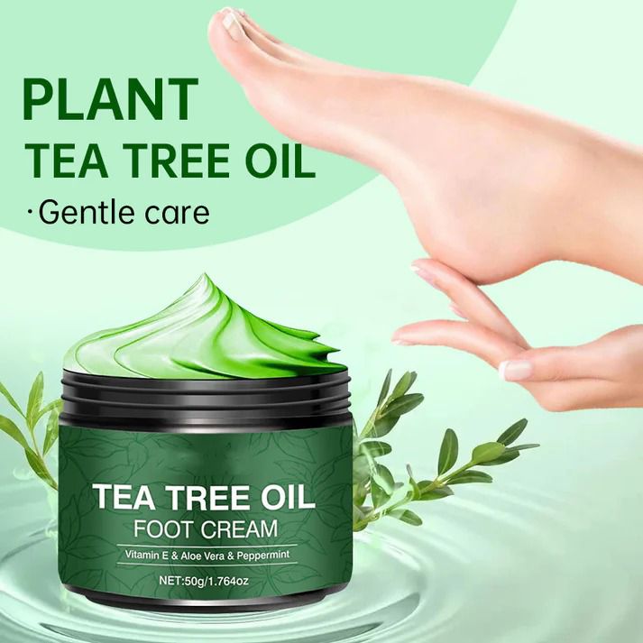 Drpshippr Tea Tree Oil Foot Cream in a jar, showing the creamy texture and natural herbal ingredients for soothing foot care.