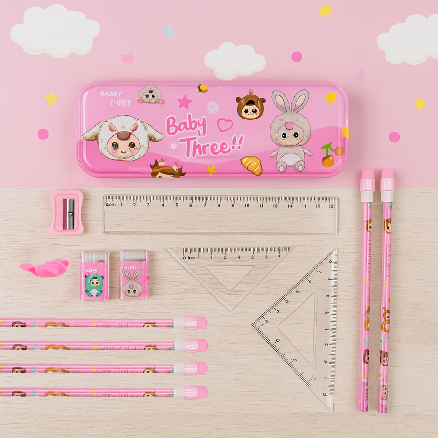 Colorful cartoon stationery gift set for kids including pencils, erasers, and stickers from Wukusy, with vibrant design and fun characters.