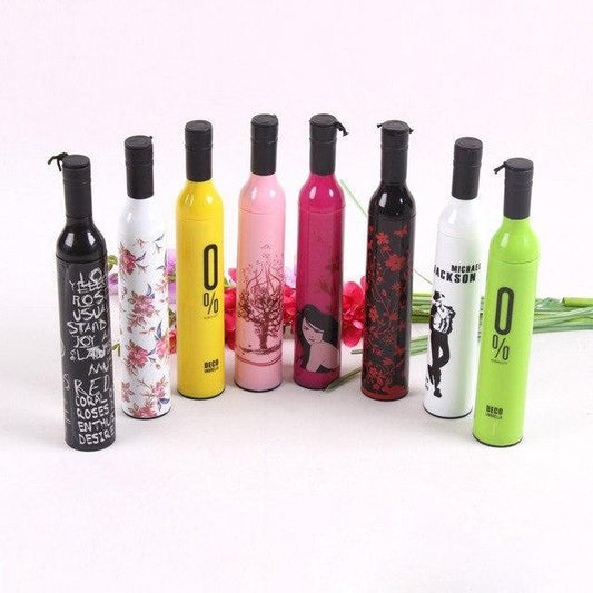 Wukusy 518 Pocket Folding Wine Bottle Umbrella open with a wine bottle design, compact and portable for outdoor use.