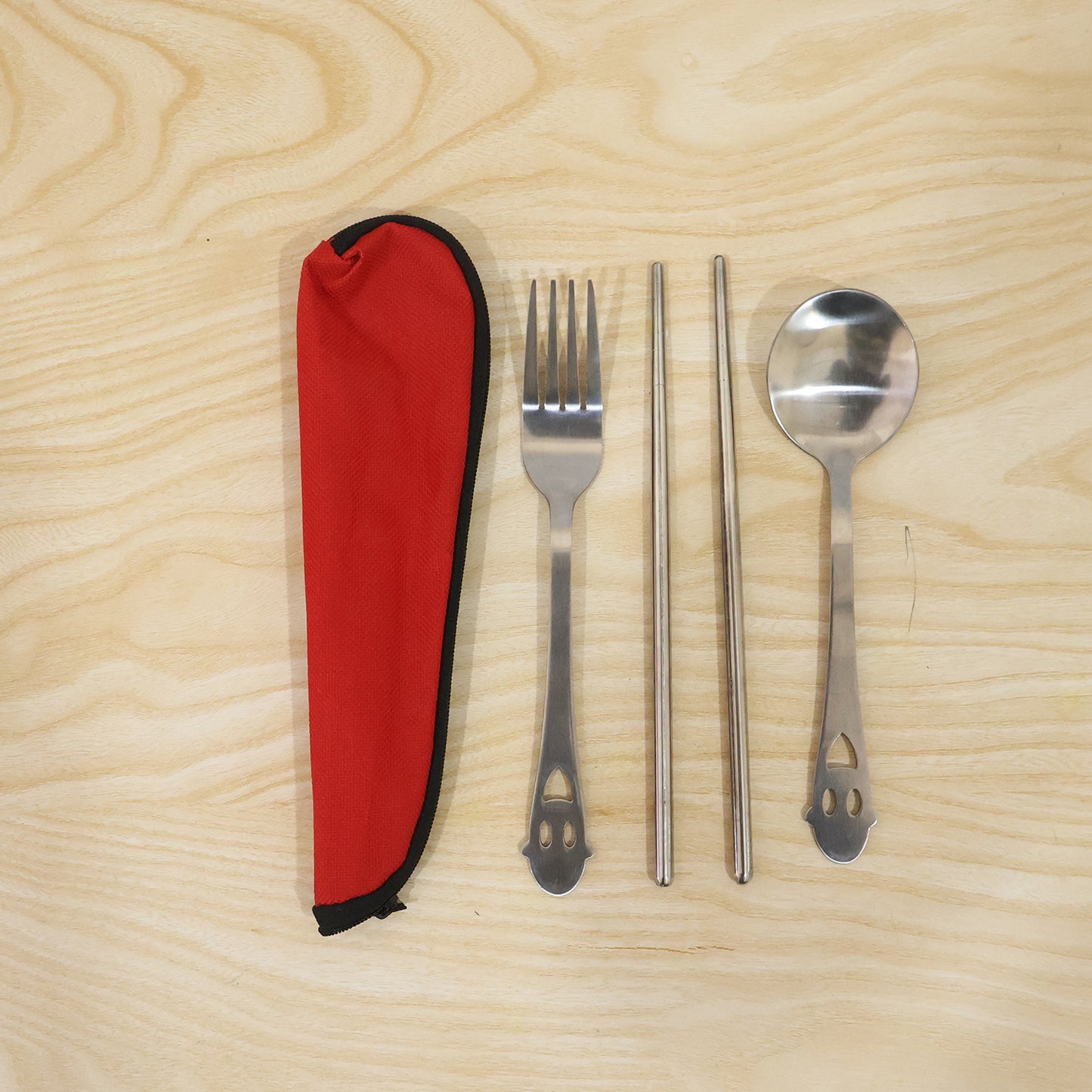 Wukusy stainless steel portable cutlery set with spoon, fork, chopsticks, and pouch for travel and outdoor use.