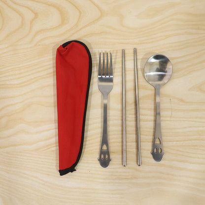 Wukusy stainless steel portable cutlery set with spoon, fork, chopsticks, and pouch for travel and outdoor use.