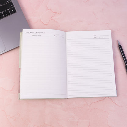 Wukusy hardbound diary notebook with 100 pages, measuring 240x180mm, showing a closed, elegant black cover with visible binding