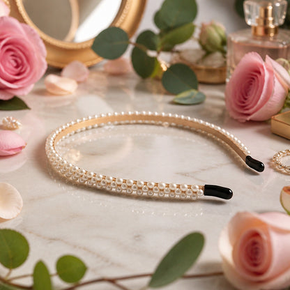 Elegant Wukusy slim pearl hairband for women, featuring a sleek design with pearl accents, perfect for stylish hair accessories.