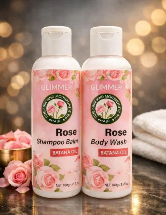 Drpshippr Rose Body Wash and Rose Shampoo bottles, beauty and personal care products with floral rose scent.