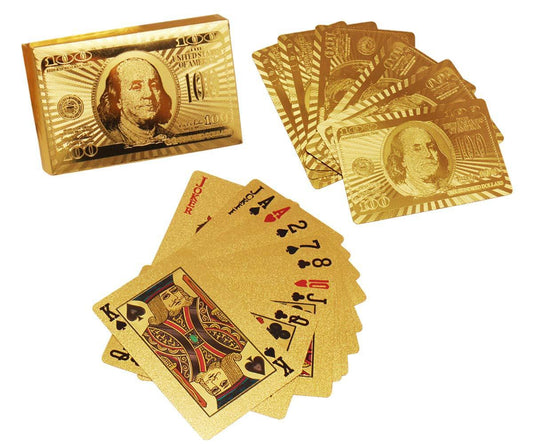 Gold plated poker playing cards by Wukusy featuring intricate designs and a luxurious golden finish.
