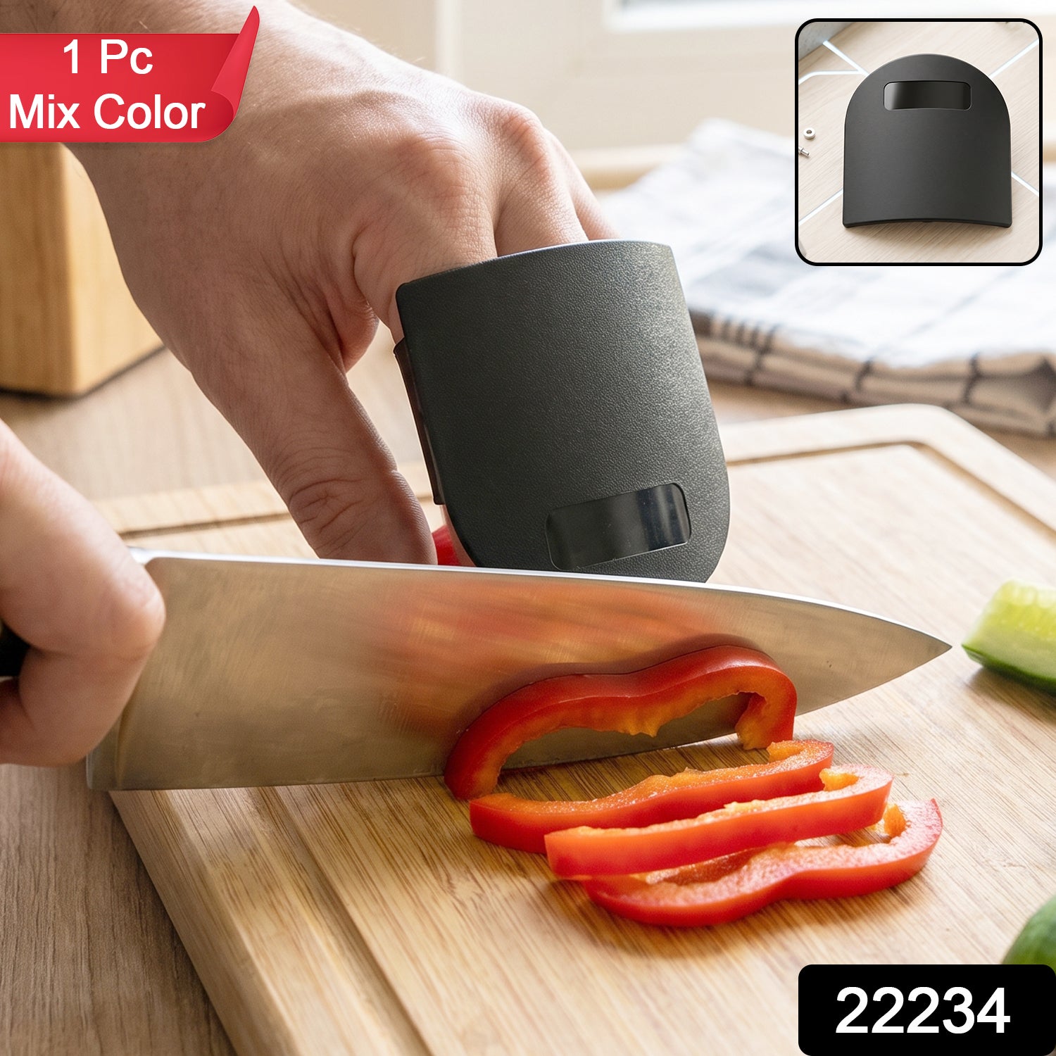 Wukusy finger guard protector for kitchen cutting, colorful safety tool shown on a chopping board, protects fingers during slicing.