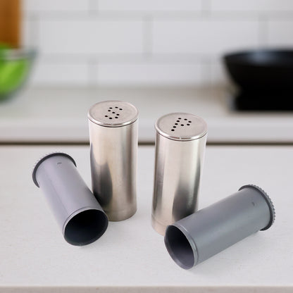 Wukusy stainless steel salt and pepper shaker set with sleek, modern design and clear tops for easy refilling.