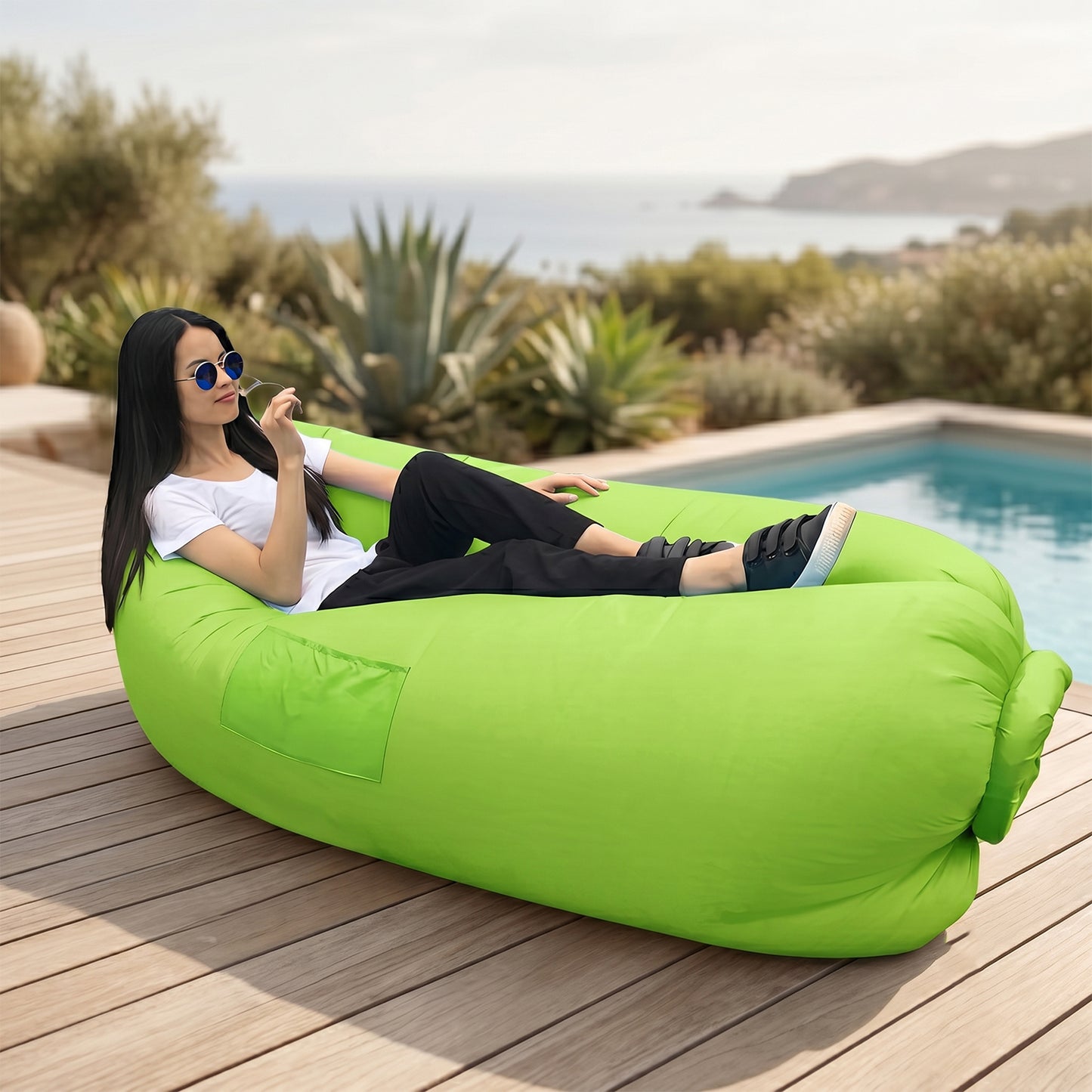 Wukusy inflatable air lounger sofa for outdoor relaxing and travel, showing the lightweight, portable design filled with air.