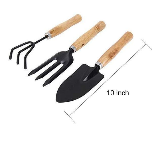 Set of 3 Wukusy gardening tools including a small hand cultivator, trowel, and garden fork for planting and cultivating.