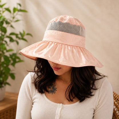 Wukusy women's wide brim sun protection hat with open top and mesh design in a random color, offering stylish sun shielding.