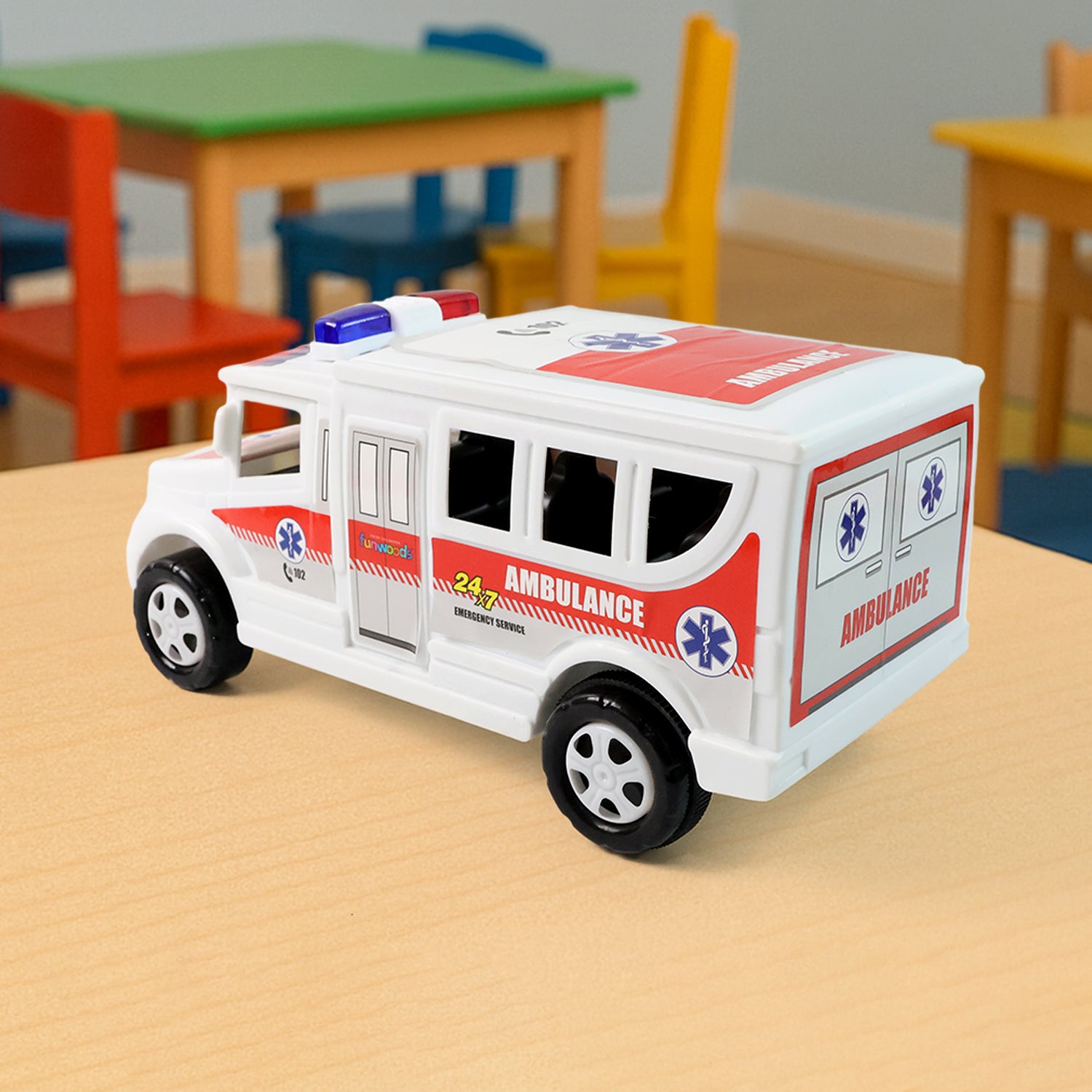 Wukusy Funwoods friction-powered ambulance toy for kids, featuring bright colors and realistic emergency vehicle details.