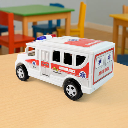 Wukusy Funwoods friction-powered ambulance toy for kids, featuring bright colors and realistic emergency vehicle details.
