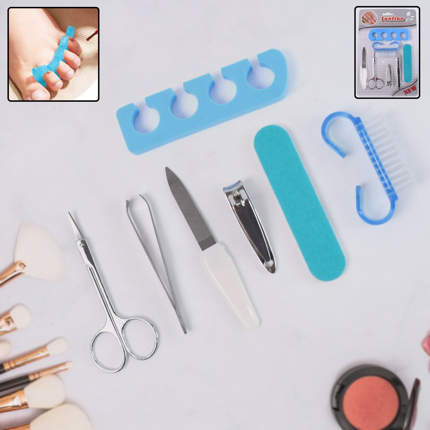 Wukusy 7-in-1 manicure set with seven tools for nail grooming and personal care, arranged on a white background.