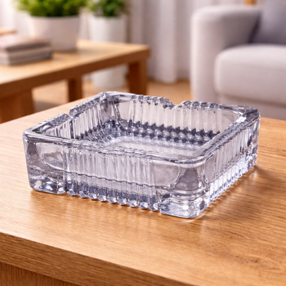 Wukusy crystal glass ashtray with square design, heat-resistant smoking tray, clear and stylish for cigarette or cigar use.