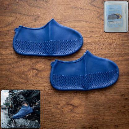 Pair of blue Wukusy reusable waterproof silicone rain shoe covers in small size with non-slip soles, suitable for protecting shoes in wet conditions