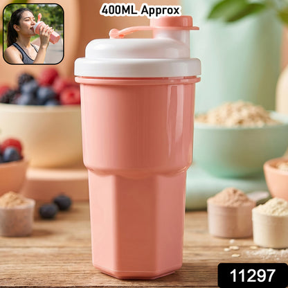 Wukusy 400ml multipurpose protein tumbler with secure flip lid, stainless steel body, and leak-proof design for drinks on the go.