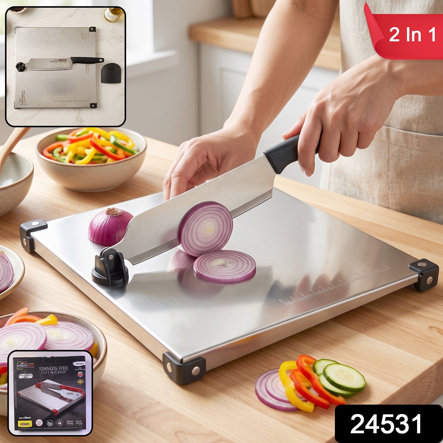 Wukusy stainless steel 2-in-1 cut and chop board with knife and sharpener, featuring a durable surface and integrated tools for food prep.