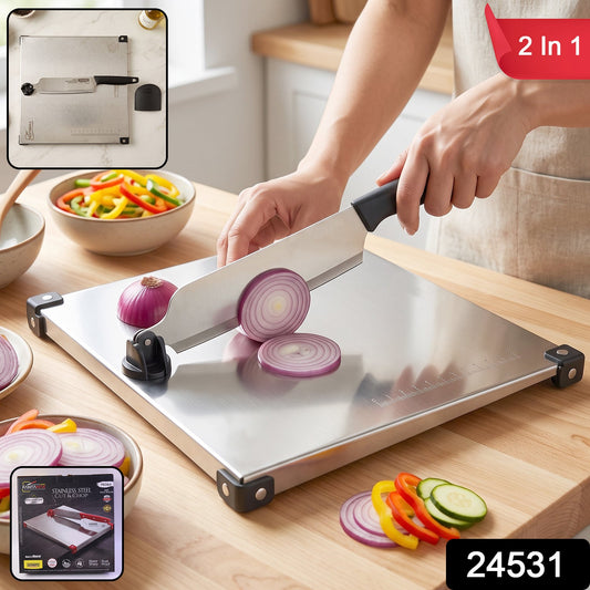 Wukusy stainless steel 2-in-1 cut and chop board with knife and sharpener, featuring a durable surface and integrated tools for food prep.