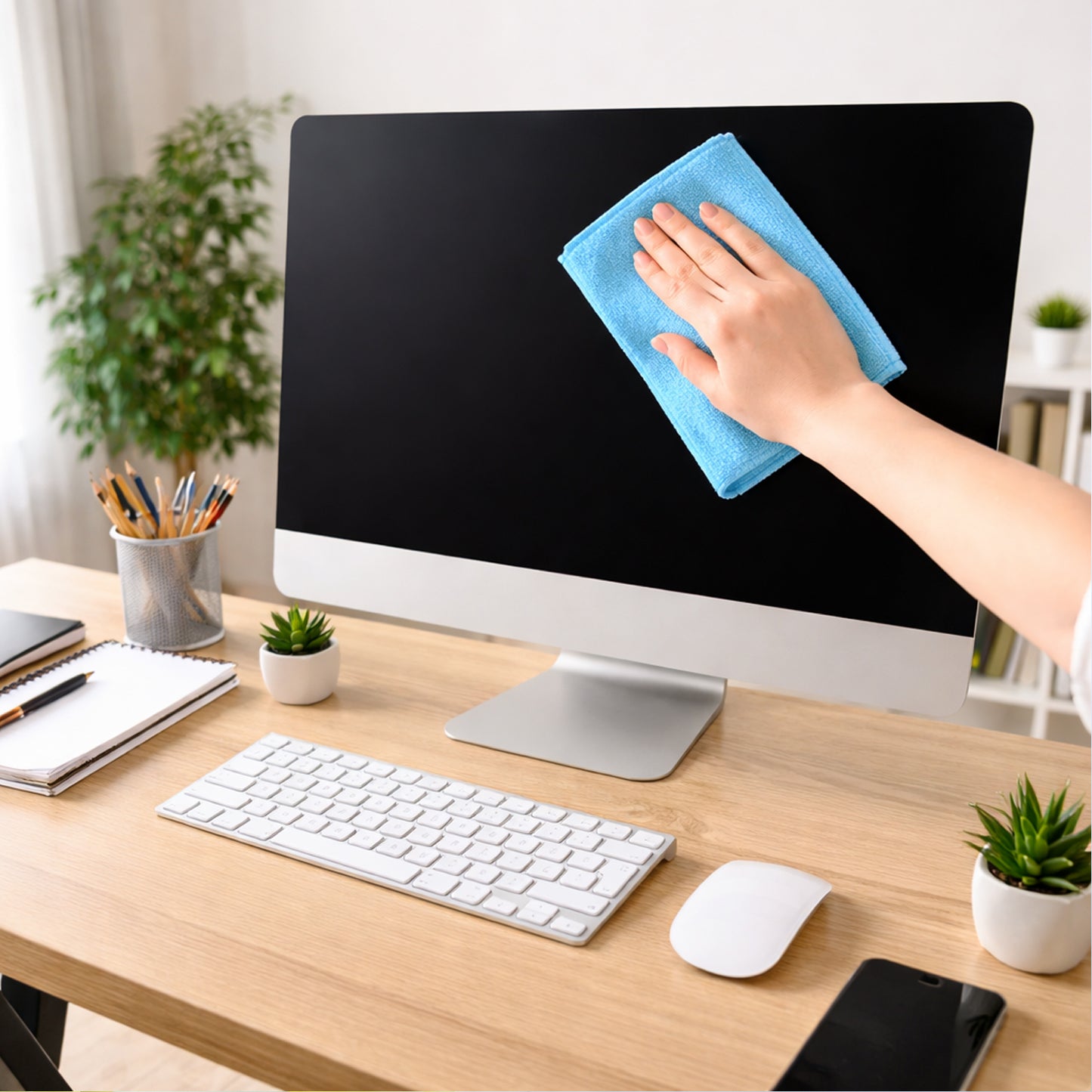 Set of four Wukusy microfiber cleaning cloths, soft and absorbent for cleaning surfaces and electronics effectively.