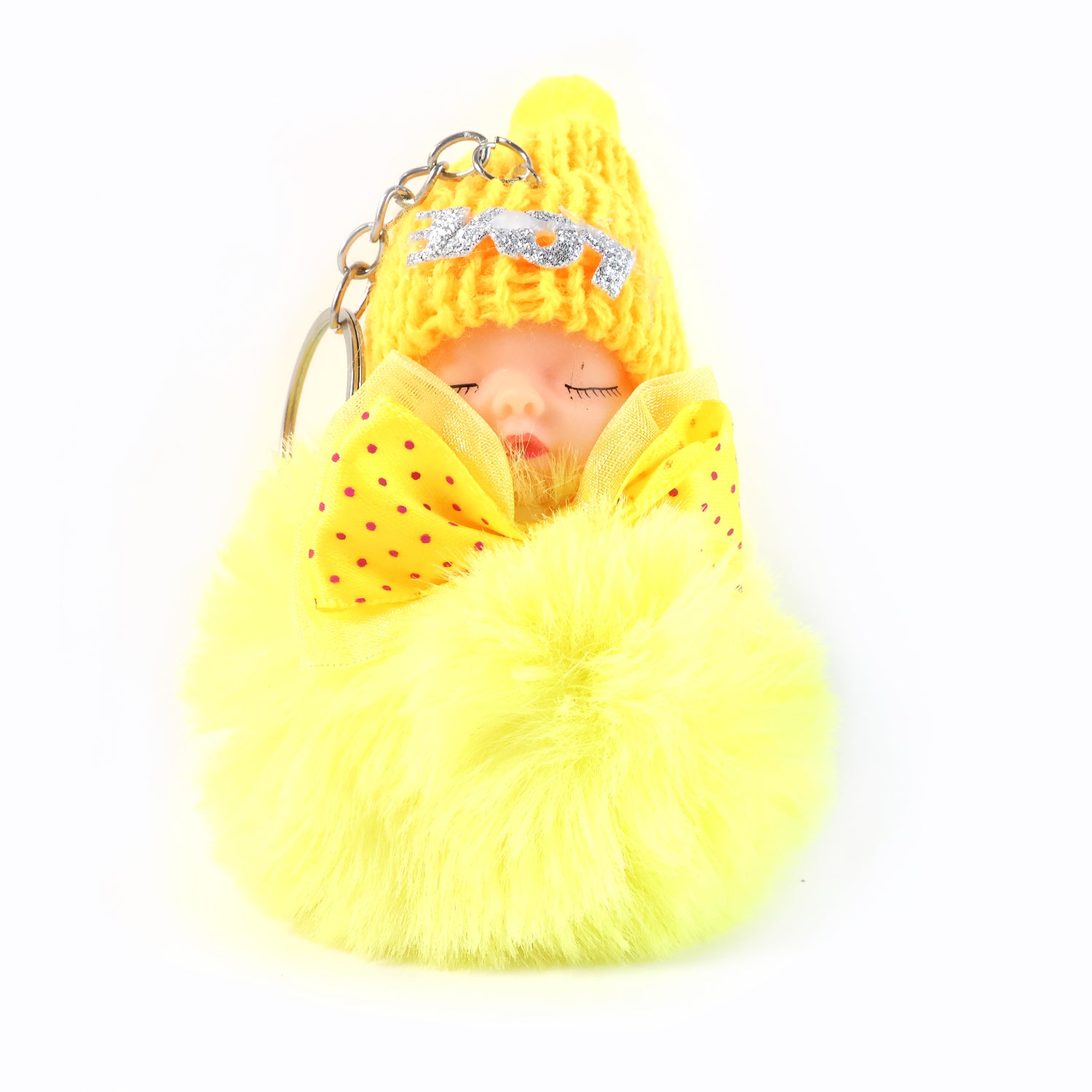 Wukusy cute plush doll keychain with soft fur ball and adorable face, perfect for attaching to bags or keys.