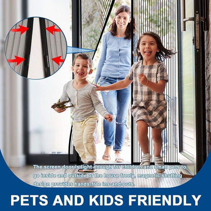 Wukusy Magic Mesh hands-free screen door set installed on doorway, allowing easy airflow and insect protection with instant opening.