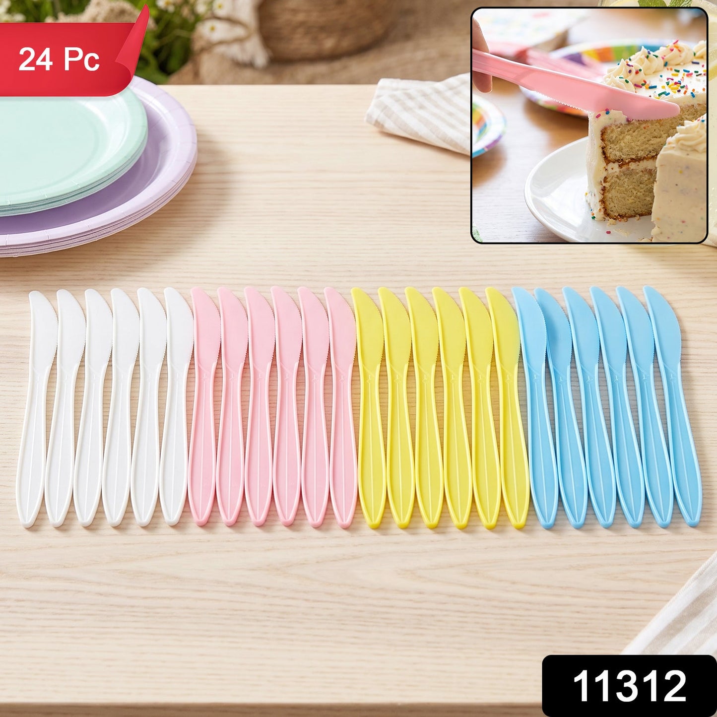 Set of 24 multicolor plastic dessert knives by Wukusy, ideal for parties, featuring vibrant colors and lightweight design.