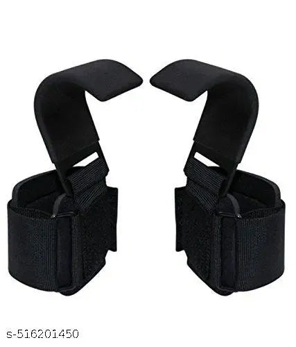 Set of two black weight lifting hooks and wrist straps with padded neoprene for deadlifts, powerlifting, and pull-ups.