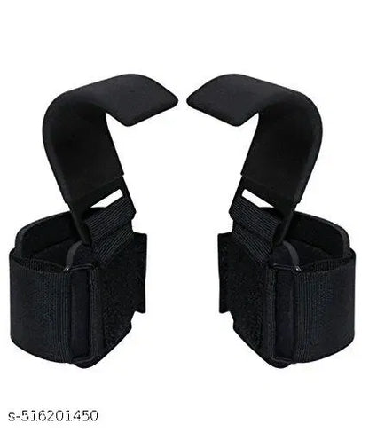 Set of two black weight lifting hooks and wrist straps with padded neoprene for deadlifts, powerlifting, and pull-ups.